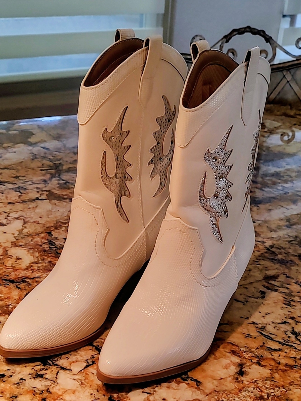 Soda White Rhinestone Western Mid-Calf Heeled Cowboy Boots - Picture 2 of 14